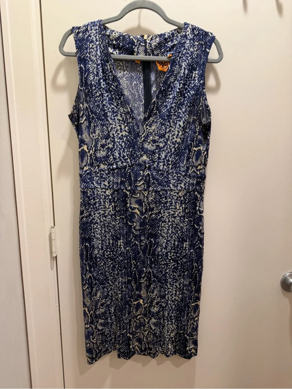 Tory Burch Navy White Snake-Print V-Neck Midi Carly silk Dress medium